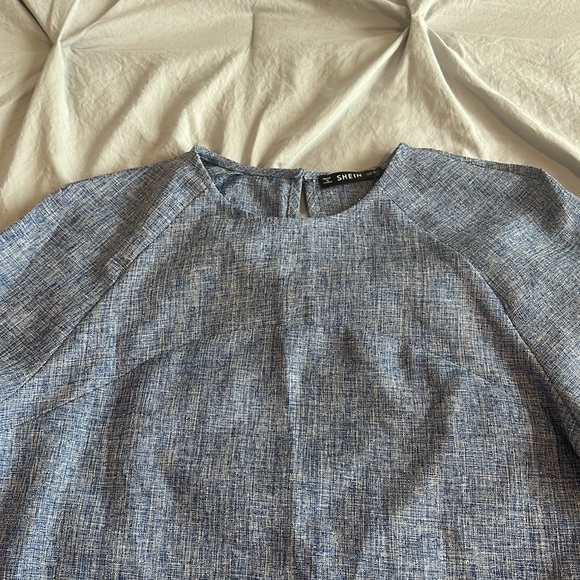 SHEIN Blue Cambray Long Puff Sleeve Crew Neck Blouse - Picture 3 of 5